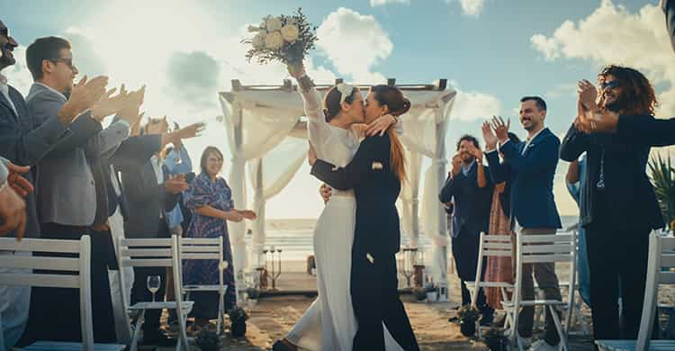 bride and groom kissing