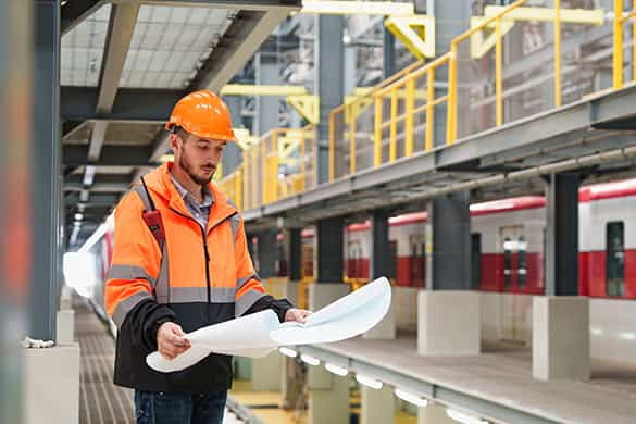 two construction workers looking over a project plan while on a busy worksite